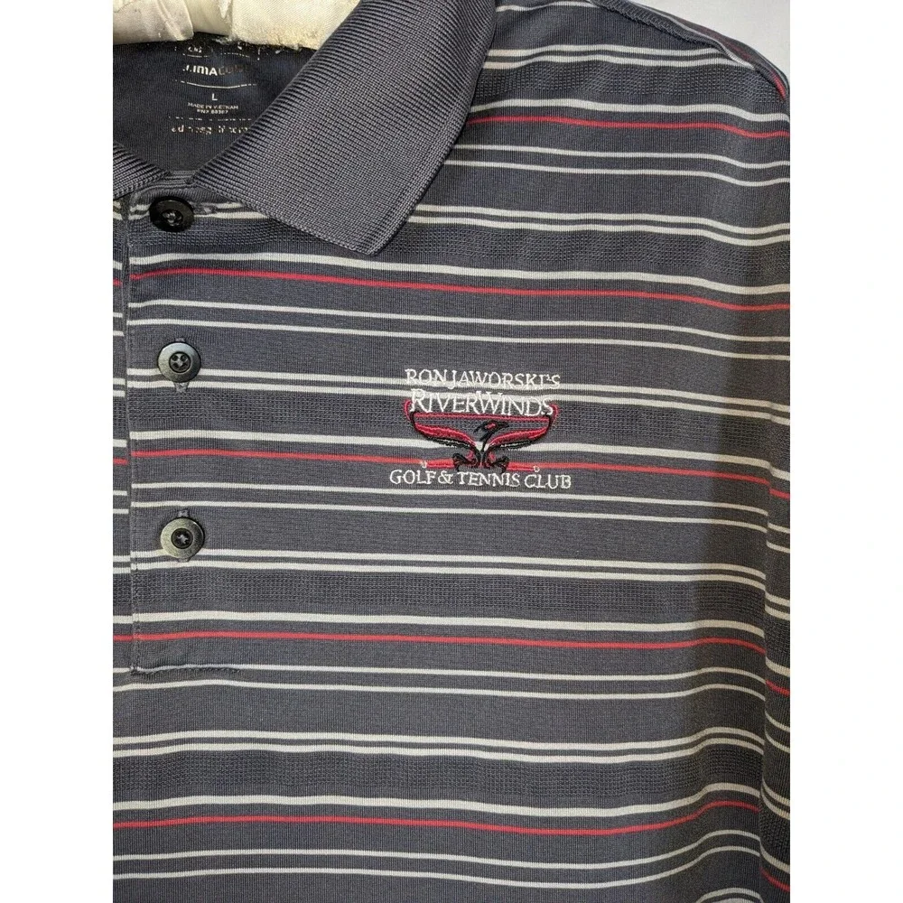 Adidas Sz L Gray Striped Climacool Ron Jaworski Riverwinds Golf Tennis Polo
